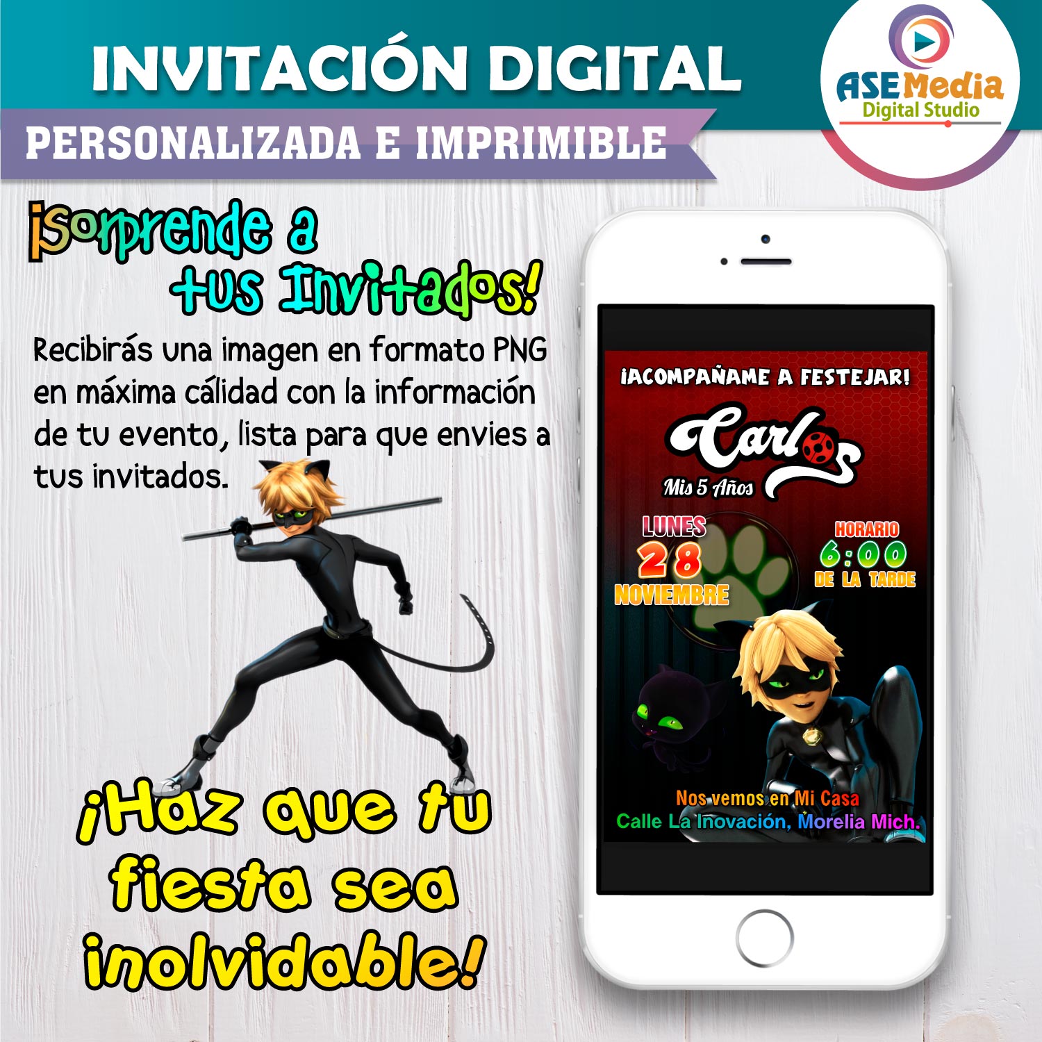 Miraculous, Cat Noir Ladybug Invitación de Cumpleaños Digital Personalizada - Imagen 2