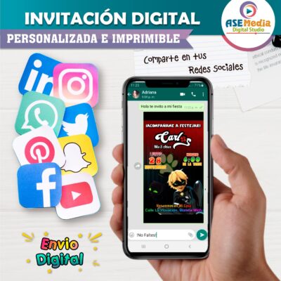 Miraculous, Cat Noir Ladybug Invitación de Cumpleaños Digital Personalizada - Imagen 3
