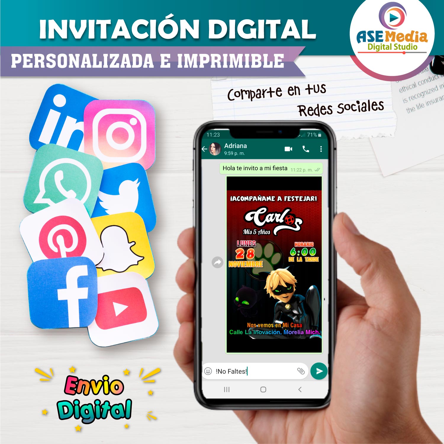 Miraculous, Cat Noir Ladybug Invitación de Cumpleaños Digital Personalizada - Imagen 3