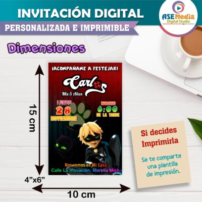 Miraculous, Cat Noir Ladybug Invitación de Cumpleaños Digital Personalizada - Imagen 4