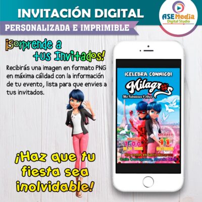 Miraculous, Las Aventuras de Ladybug #03 Invitación de Cumpleaños Digital Personalizada