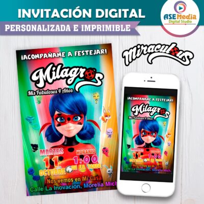 Miraculous, Las Aventuras de Ladybug #04 Invitación de Cumpleaños Digital Personalizada