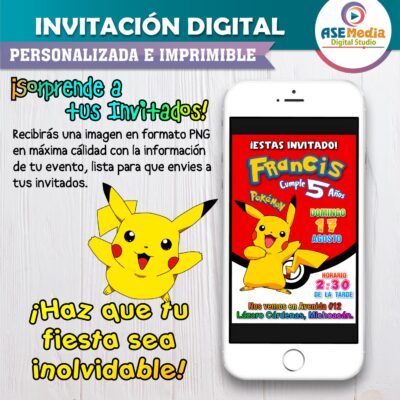Pokémon, Pikachu Invitación de Cumpleaños Digital Personalizada - Imagen 3