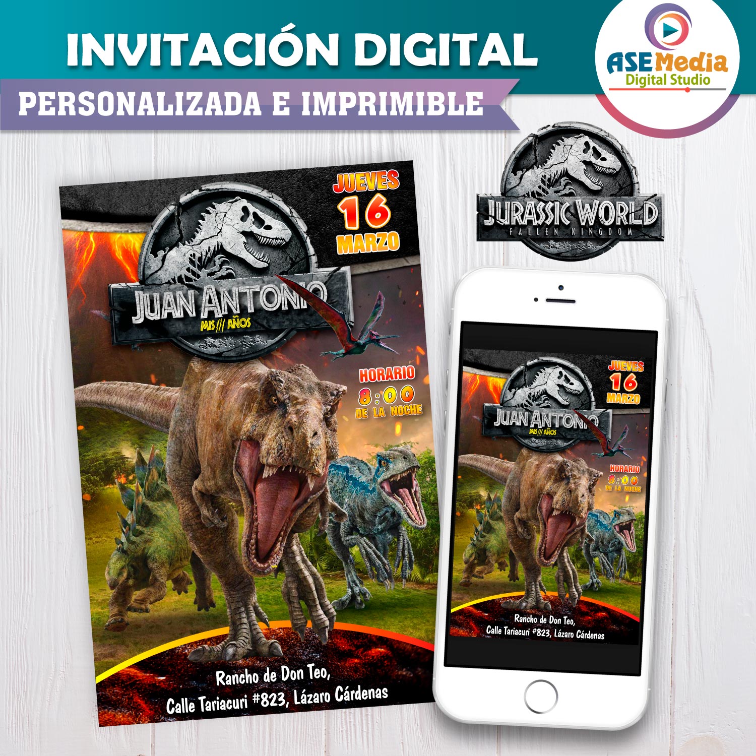 Jurassic World, El Reino Caido Invitación de Cumpleaños Digital Personalizada