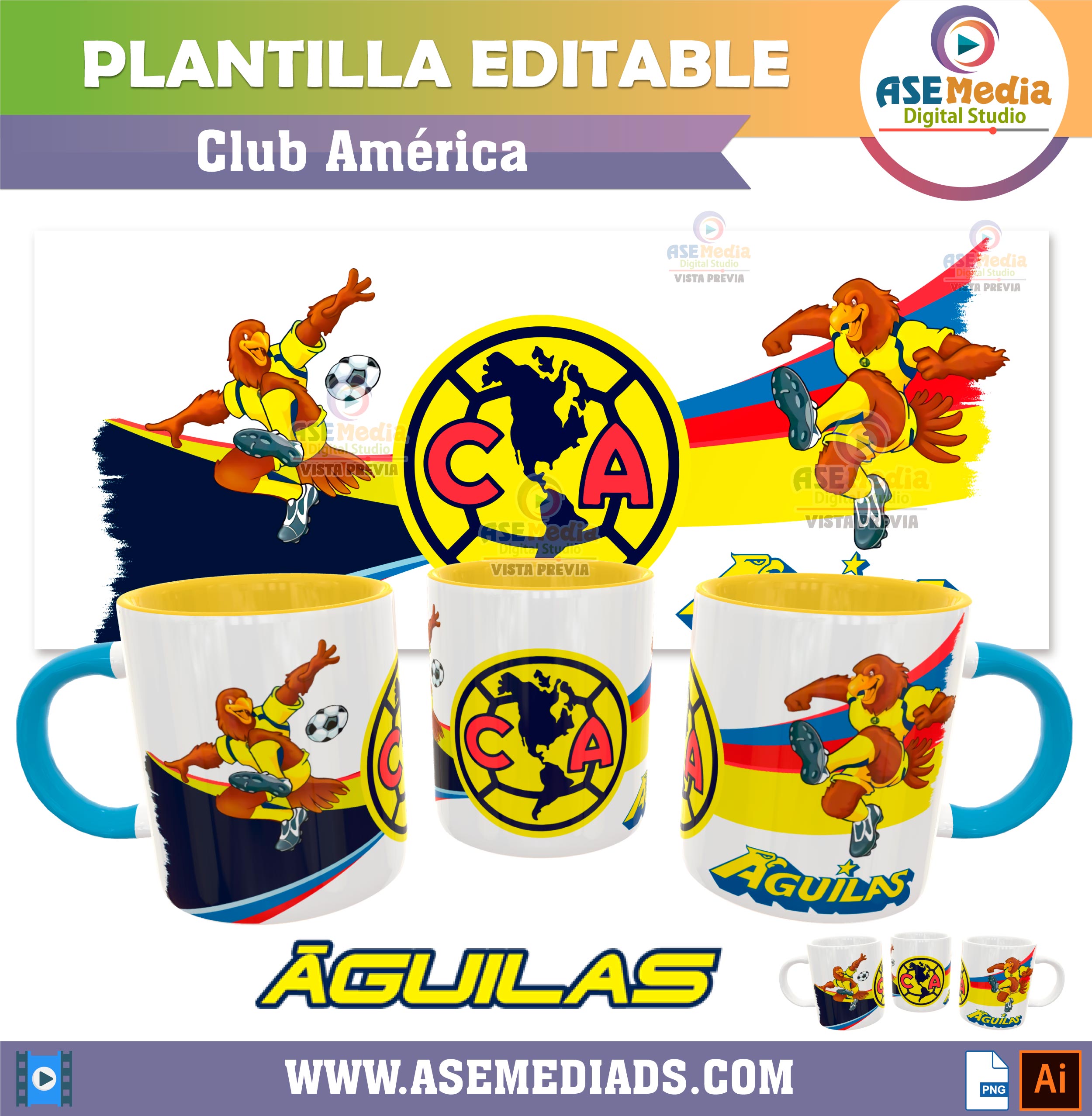 Club América Plantilla Editable para Taza – AseMedia Digital Studio