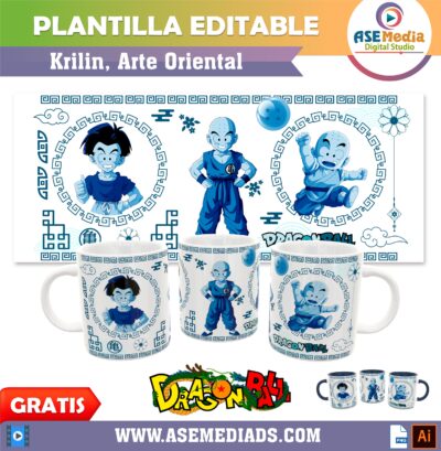 Dragon Ball Krilin Arte Oriental Plantilla Editable para Taza de Sublimación Gratis