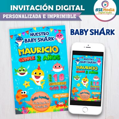 Baby Shark Invitación de Cumpleaños Digital Personalizada Mod. 02