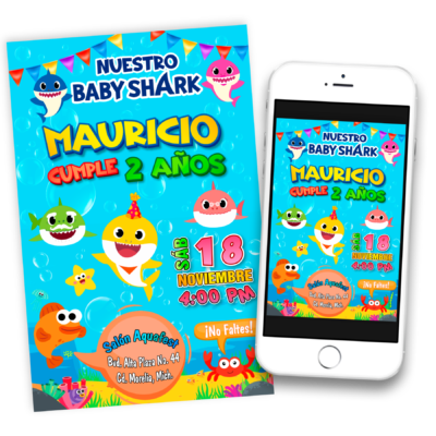 Baby Shark Invitación de Cumpleaños Digital Personalizada Mod. 02