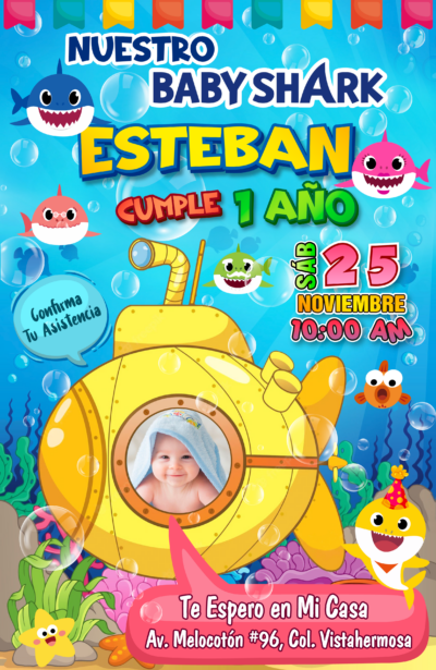 Baby Shark Invitación de Cumpleaños Digital Personalizada Mod. 03