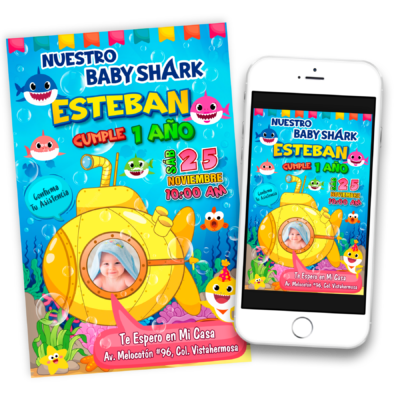 Baby Shark Invitación de Cumpleaños Digital Personalizada Mod. 03