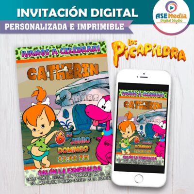 Los Picapiedra Pebbles Invitación de Cumpleaños Digital Personalizada