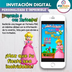 Princesa Peach Mario Bross Invitación de Cumpleaños Digital Personalizada