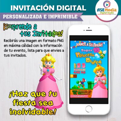 Princesa Peach Mario Bross Invitación de Cumpleaños Digital Personalizada