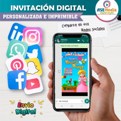 Princesa Peach Mario Bross Invitación de Cumpleaños Digital Personalizada
