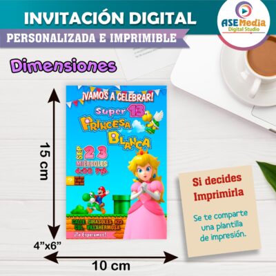 Princesa Peach Mario Bross Invitación de Cumpleaños Digital Personalizada