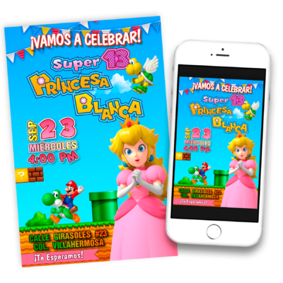 Princesa Peach Mario Bross Invitación de Cumpleaños Digital Personalizada