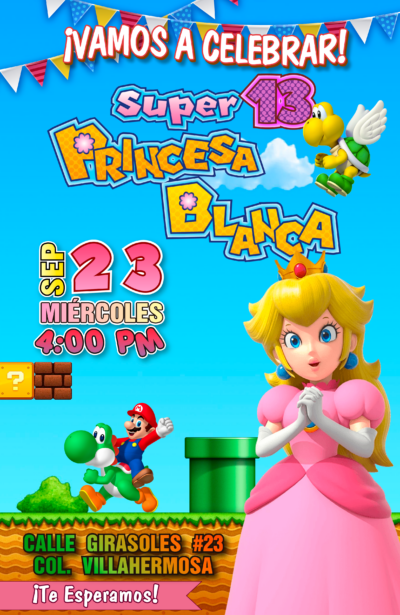 Princesa Peach Mario Bross Invitación de Cumpleaños Digital Personalizada
