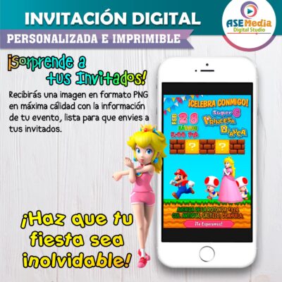 Princesa Peach Mario Bross Invitación de Cumpleaños Digital Personalizada #2