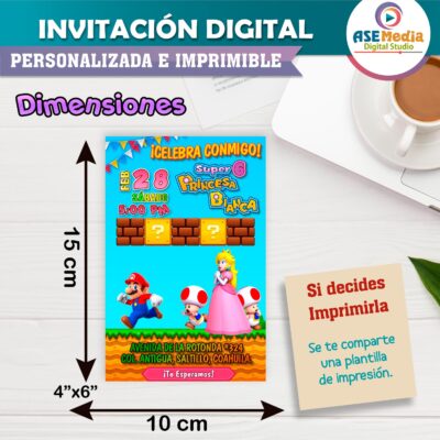 Princesa Peach Mario Bross Invitación de Cumpleaños Digital Personalizada #2