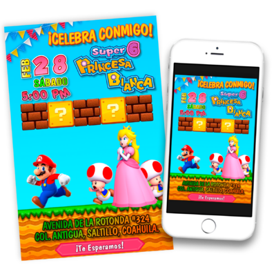 Princesa Peach Mario Bross Invitación de Cumpleaños Digital Personalizada #2