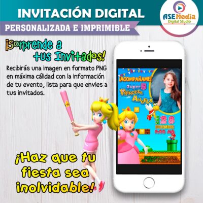 Princesa Peach Mario Bross Invitación de Cumpleaños Digital Personalizada Mod. 03