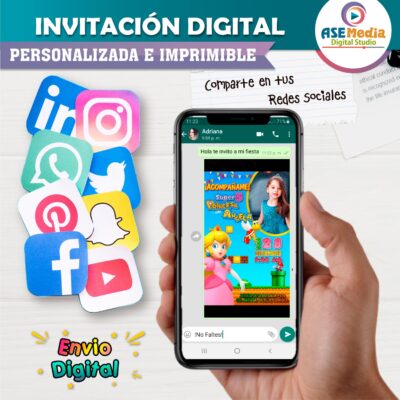 Princesa Peach Mario Bross Invitación de Cumpleaños Digital Personalizada Mod. 03