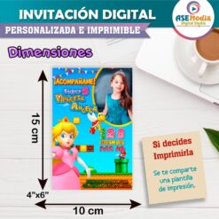 Princesa Peach Mario Bross Invitación de Cumpleaños Digital Personalizada Mod. 03