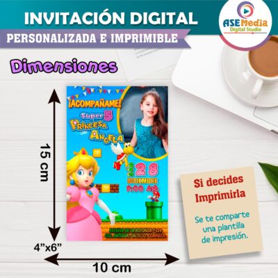 Princesa Peach Mario Bross Invitación de Cumpleaños Digital Personalizada Mod. 03