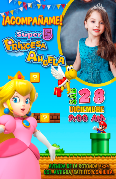 Princesa Peach Mario Bross Invitación de Cumpleaños Digital Personalizada Mod. 03
