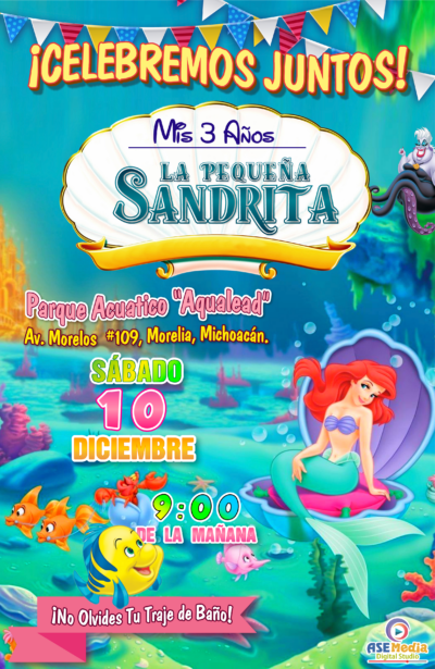 La Sirenita Ariel Invitación de Cumpleaños Digital Personalizada