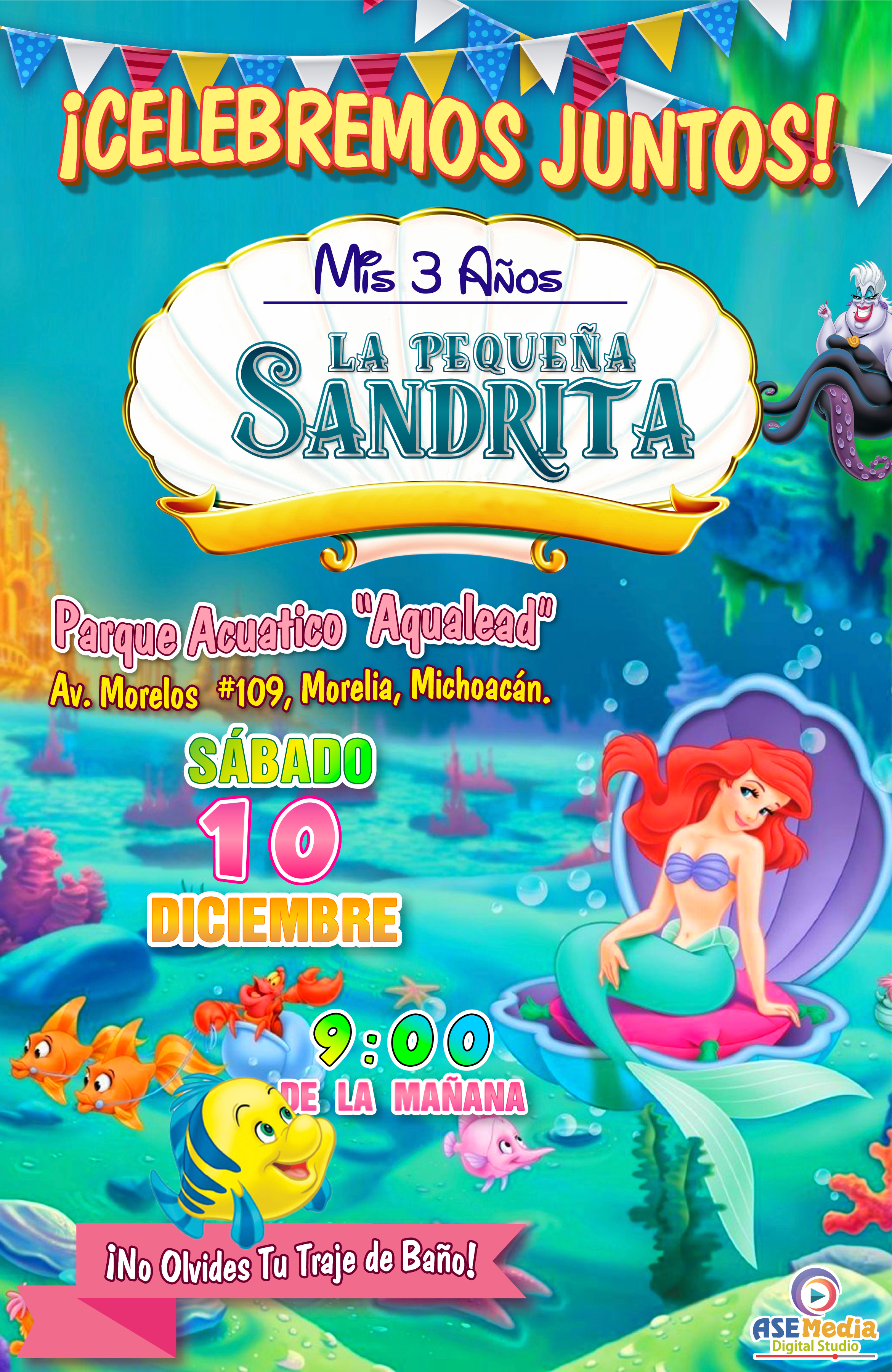 La Sirenita Ariel Invitación de Cumpleaños Digital Personalizada