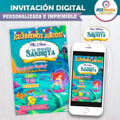 La Sirenita Ariel Invitación de Cumpleaños Digital Personalizada