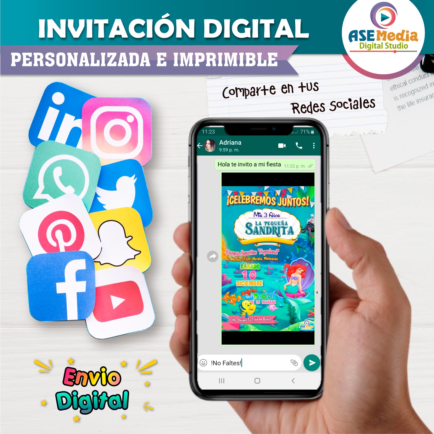 La Sirenita Ariel Invitación de Cumpleaños Digital Personalizada
