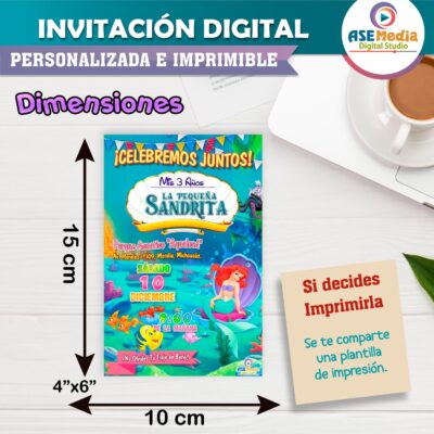 La Sirenita Ariel Invitación de Cumpleaños Digital Personalizada