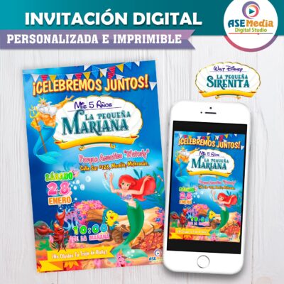 La Sirenita Ariel Invitación de Cumpleaños Digital Personalizada #2