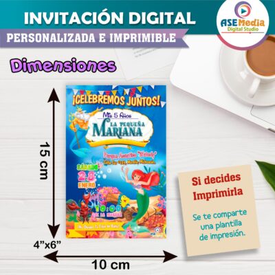 La Sirenita Ariel Invitación de Cumpleaños Digital Personalizada #2