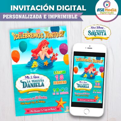 La Sirenita Ariel Invitación de Cumpleaños Digital Personalizada #3