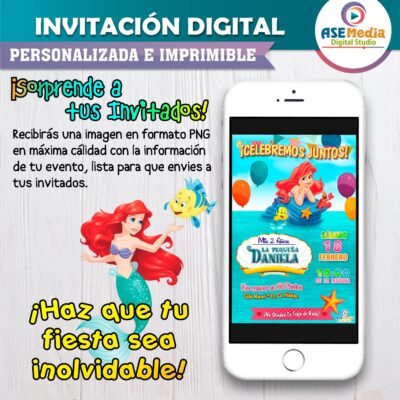 La Sirenita Ariel Invitación de Cumpleaños Digital Personalizada #3