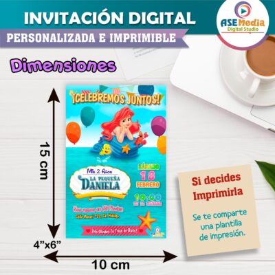 La Sirenita Ariel Invitación de Cumpleaños Digital Personalizada #3