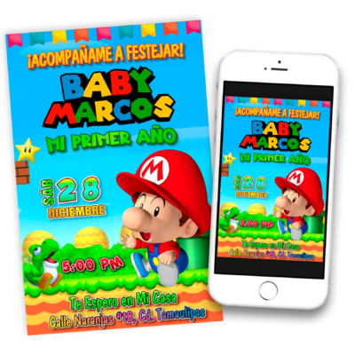 Baby Mario Bros Invitación Digital de Cumpleaños Personalizada