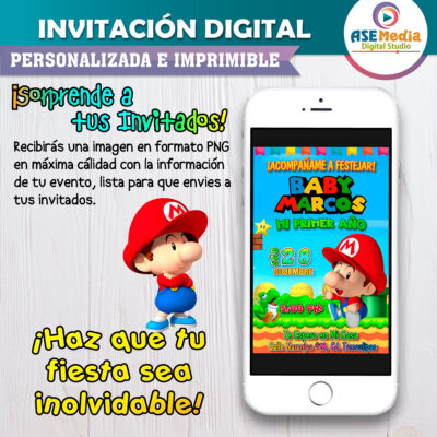 Baby Mario Bros Invitación Digital de Cumpleaños Personalizada