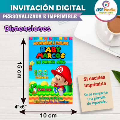Baby Mario Bros Invitación Digital de Cumpleaños Personalizada