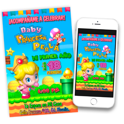 Baby Princesa Peach Invitación de Cumpleaños Digital Personalizada