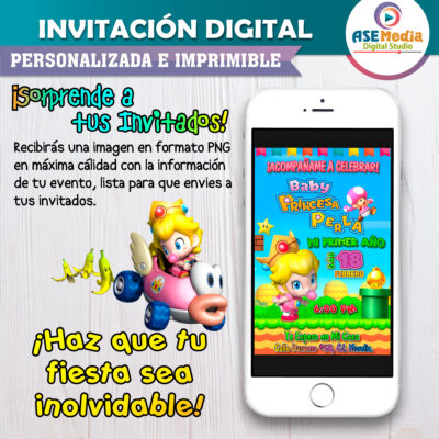 Baby Princesa Peach Invitación de Cumpleaños Digital Personalizada