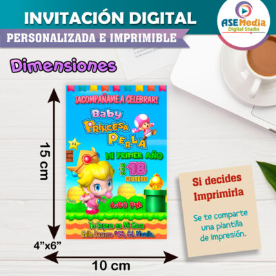 Baby Princesa Peach Invitación de Cumpleaños Digital Personalizada