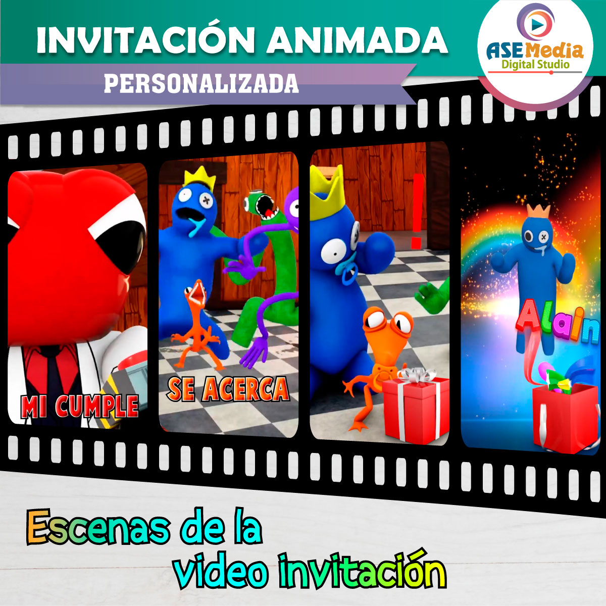 Rainbow Friends Roblox Video Invitación Animada para Cumpleaños