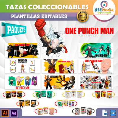 One Punch Man Paquete de 8 Plantillas Editables para Sublimación de Tazas