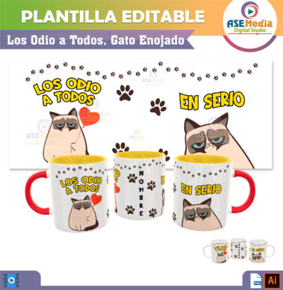 Los Odio a Todos, Gato Enojado Plantilla Editable para Sublimación de Taza