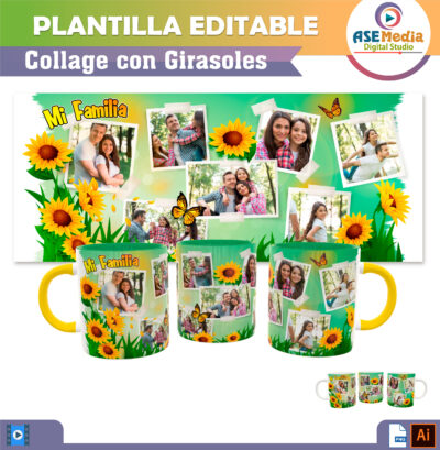 Collage de Fotos con Girasoles Plantilla Editable para Taza de Sublimación