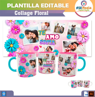 Collage de Fotos Floral Plantilla Editable para Taza de Sublimación